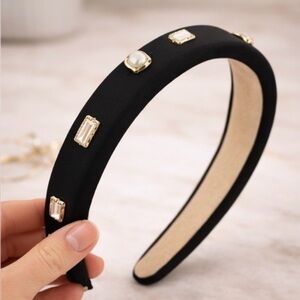 Elegant Black Padded Headband w/ Pearl & Crystal Embellishments Chic Statement